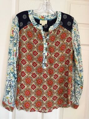 Anthropologie Maeve Floral Mix Blouse - Navy, Aqua & Red Accents